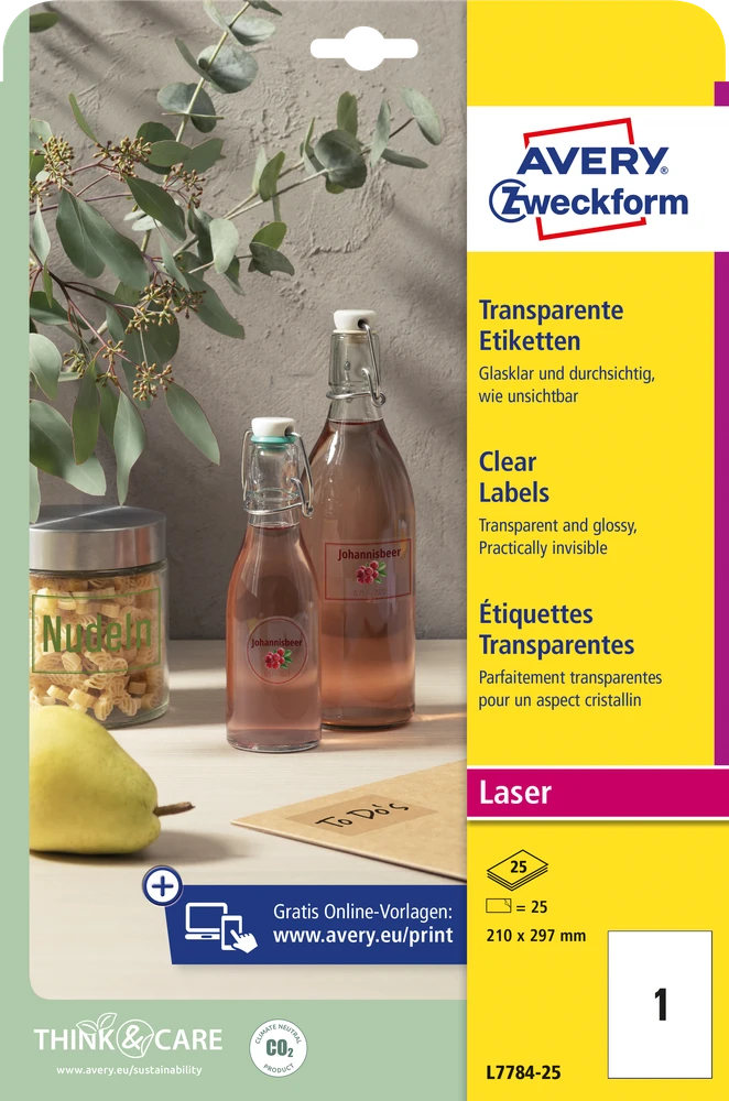 Lipnios etiketės Avery Zweckform, A4, 210x297mm, 25 lapai, skaidrios