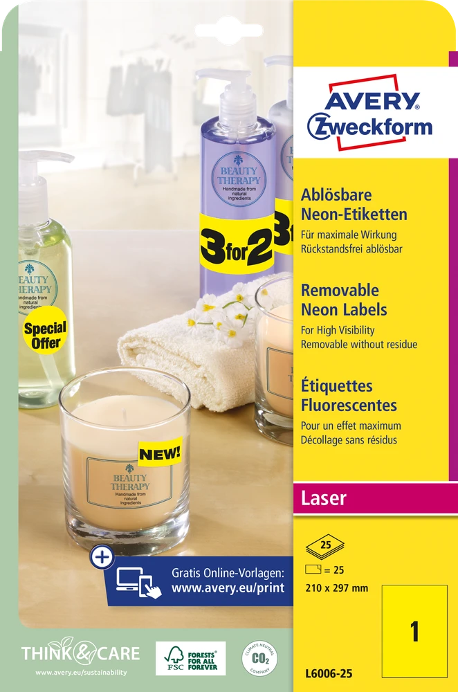 Lipnios etiketės Avery Zweckform, A4, 210x297mm, 25 lapai, neoninės geltonos spalvos