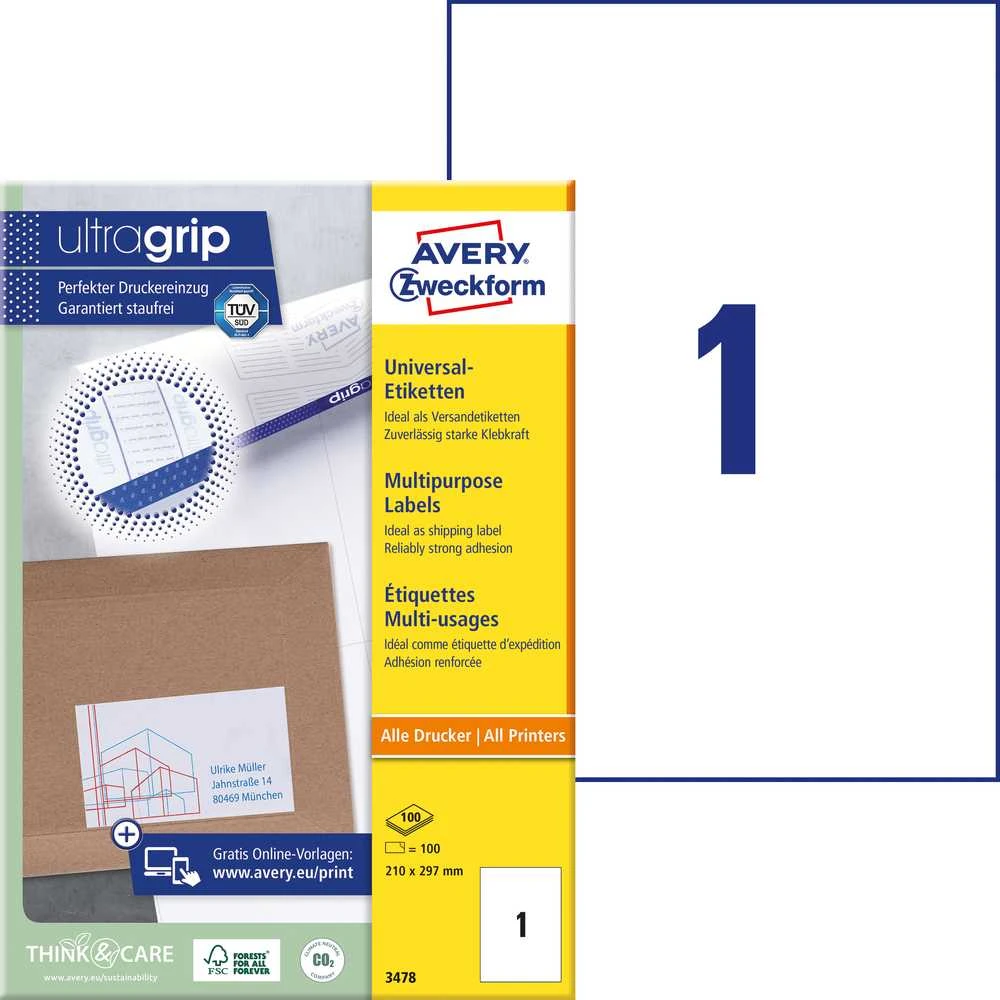 Lipnios etiketės Avery Zweckform, A4, 210x297mm, 1 etiketė lape, be rėmelio, 100 lapų, baltos spalvos