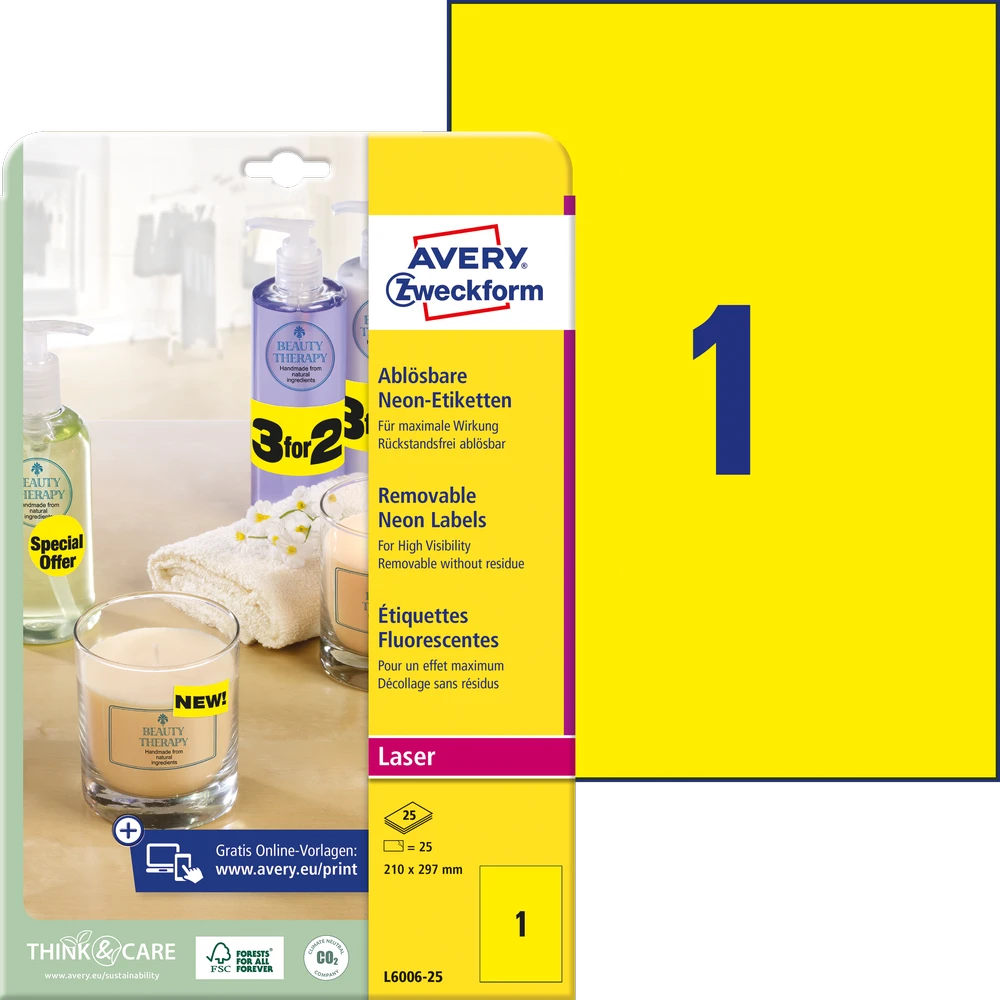 Lipnios etiketės Avery Zweckform, A4, 210x297mm, 25 lapai, neoninės geltonos spalvos
