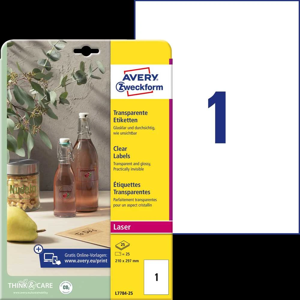 Lipnios etiketės Avery Zweckform, A4, 210x297mm, 25 lapai, skaidrios