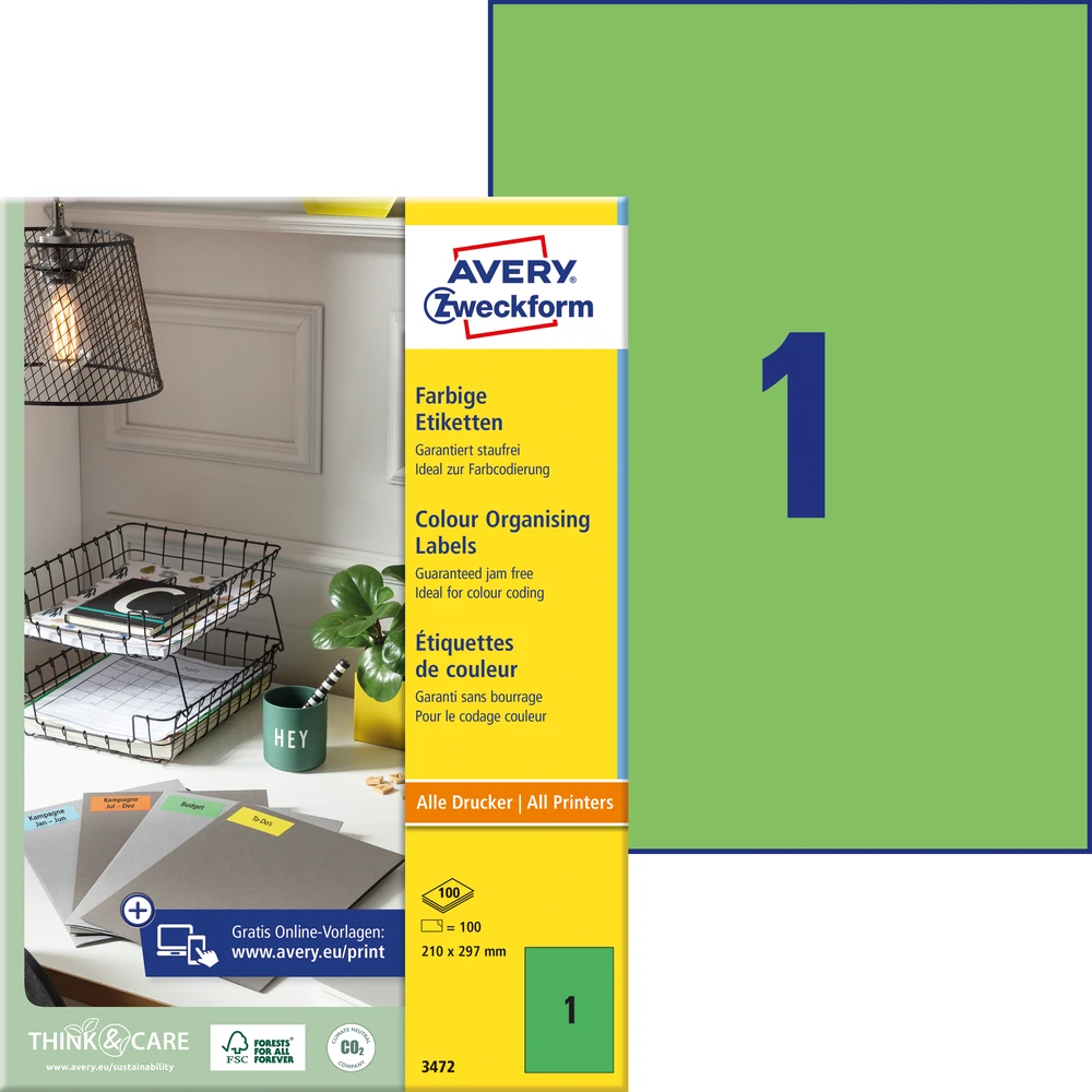 Lipnios etiketės Avery Zweckform, A4, 210x297mm, 1 etiketė lape, 100 lapų, žalios spalvos