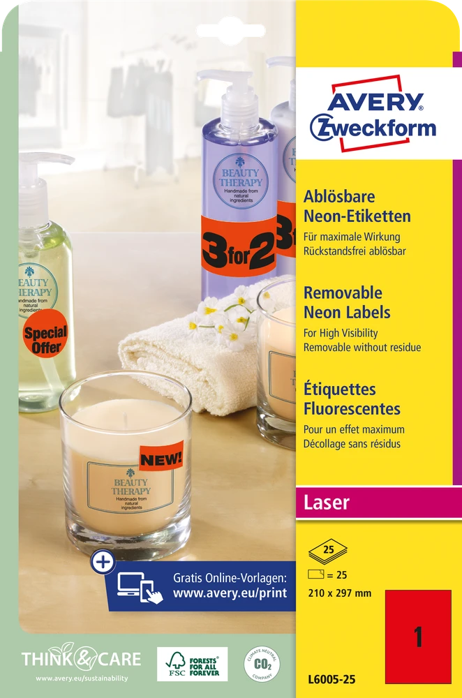 Lipnios etiketės Avery Zweckform, A4, 210x297mm, 25 lapai, neoninės raudonos spalvos