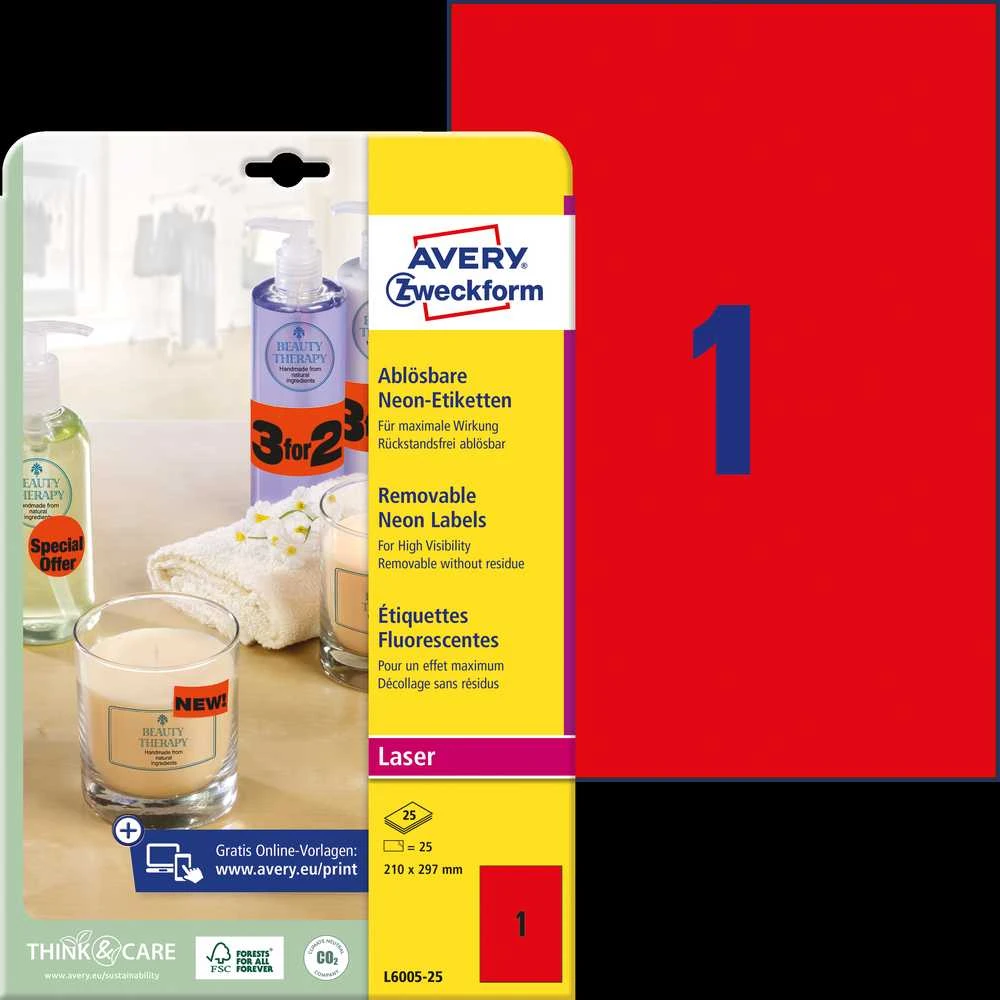 Lipnios etiketės Avery Zweckform, A4, 210x297mm, 25 lapai, neoninės raudonos spalvos