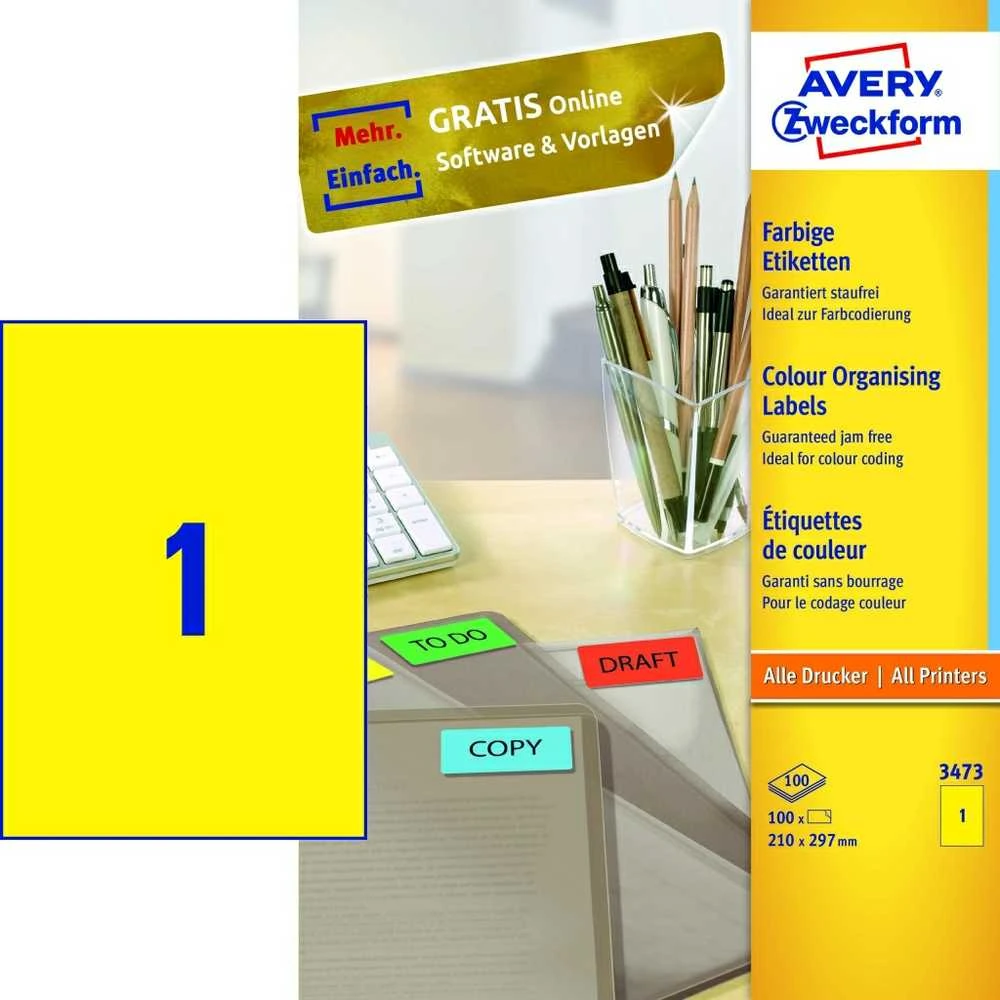 Lipnios etiketės Avery Zweckform, A4, 210x297mm, 1 etiketė lape, 100 lapų, geltonos spalvos