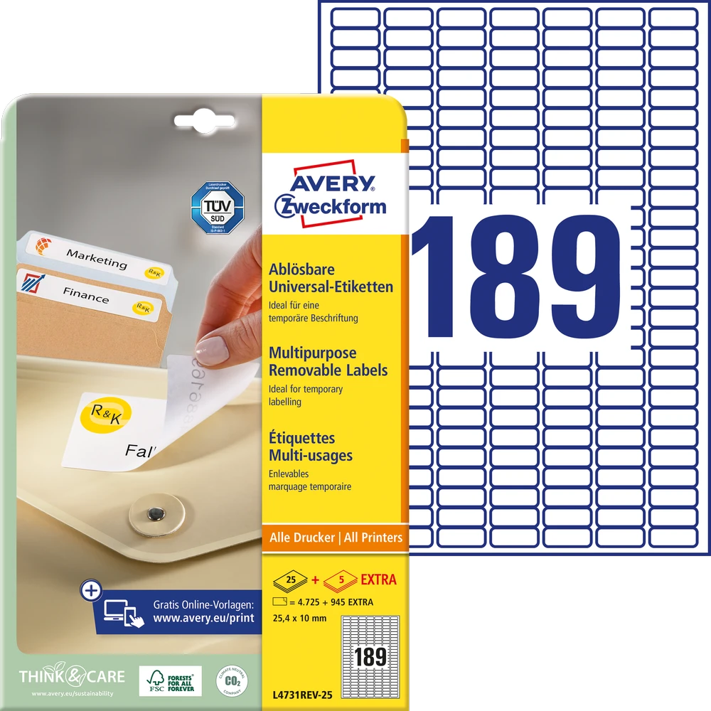 Lipnios etiketės Avery Zweckform, A4, 25.4x10mm, nuimamos, 189 etiketės lape, 25 lapai