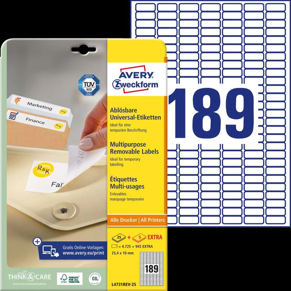 Lipnios etiketės Avery Zweckform, A4, 25.4x10mm, nuimamos, 189 etiketės lape, 25 lapai