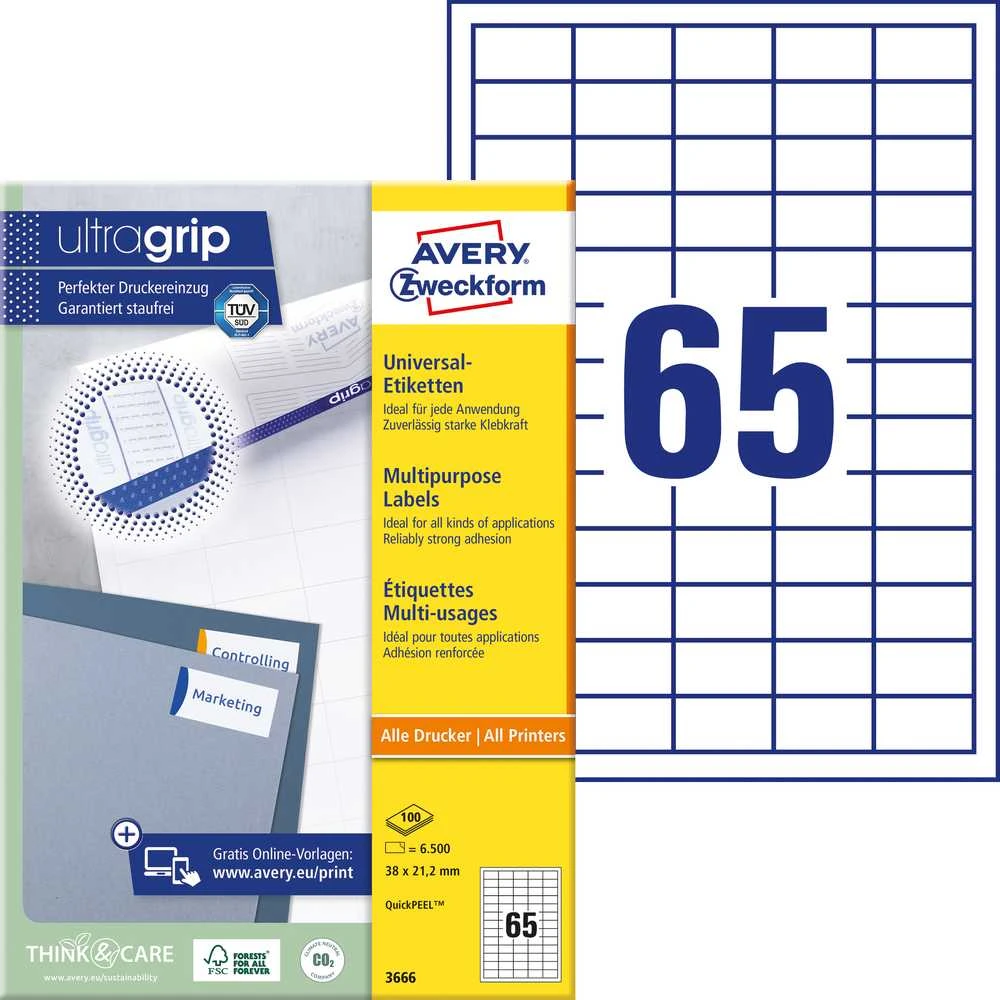 Lipnios etiketės Avery Zweckform, A4, 38×21.2mm, 65 etiketes lape, 100 lapų, baltos spalvos