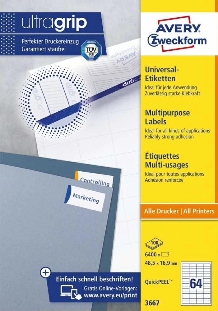 Lipnios etiketės Avery Zweckform, A4, 48,5×16,9mm, 64 etiketės lape, 100 lapų, baltos spalvos