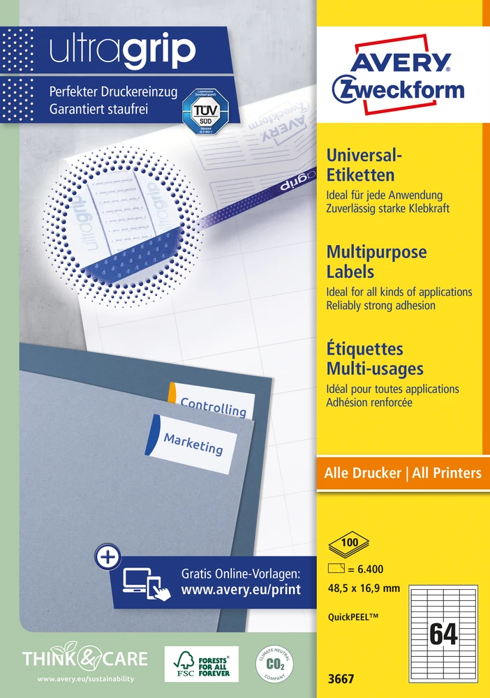 Lipnios etiketės Avery Zweckform, A4, 48,5×16,9mm, 64 etiketės lape, 100 lapų, baltos spalvos
