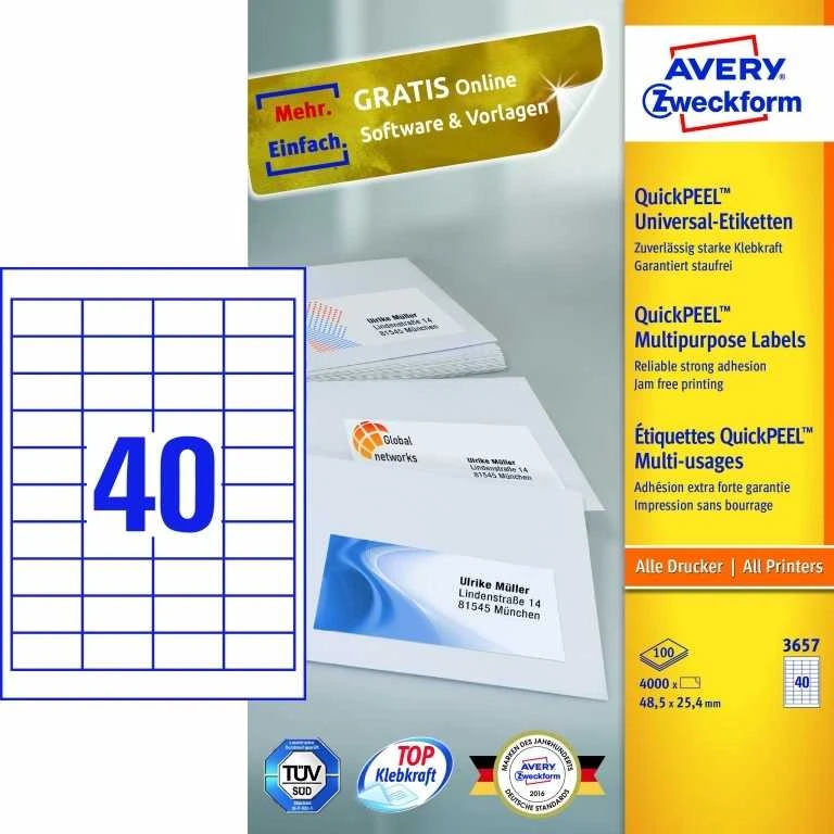 Lipnios etiketės Avery Zweckform, A4, 48,5×25,4mm, 40 etikečių lape, 100 lapų, baltos spalvos