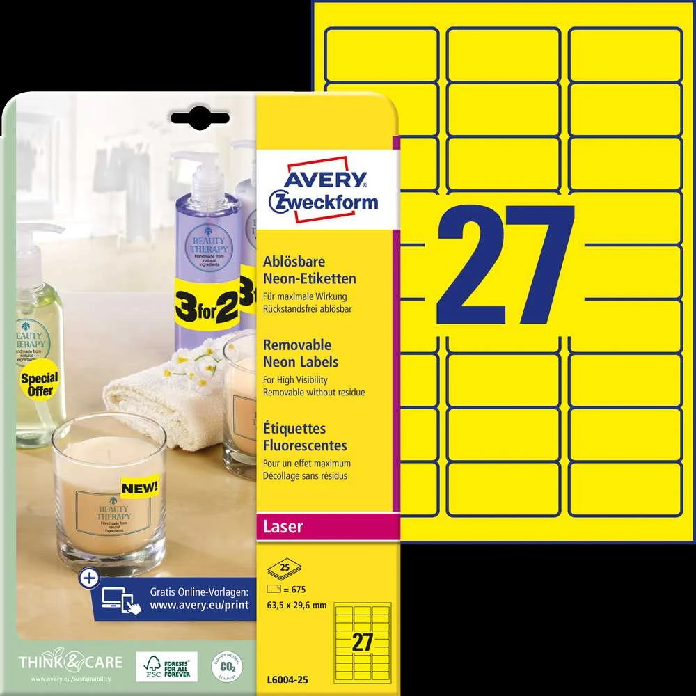 Lipnios etiketės Avery Zweckform, A4, 63.5×29.6mm, 25 lapai, neoninės geltonos spalvos