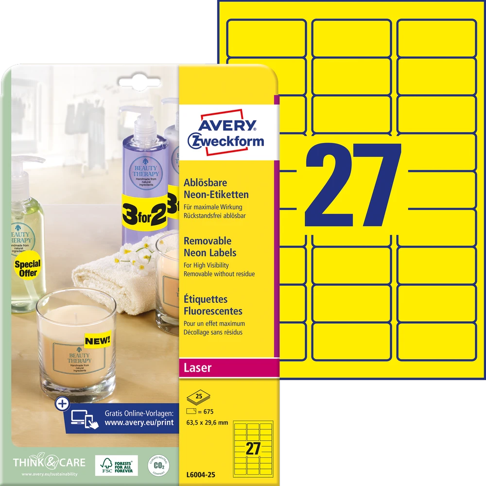 Lipnios etiketės Avery Zweckform, A4, 63.5×29.6mm, 25 lapai, neoninės geltonos spalvos