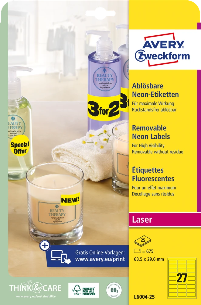 Lipnios etiketės Avery Zweckform, A4, 63.5×29.6mm, 25 lapai, neoninės geltonos spalvos
