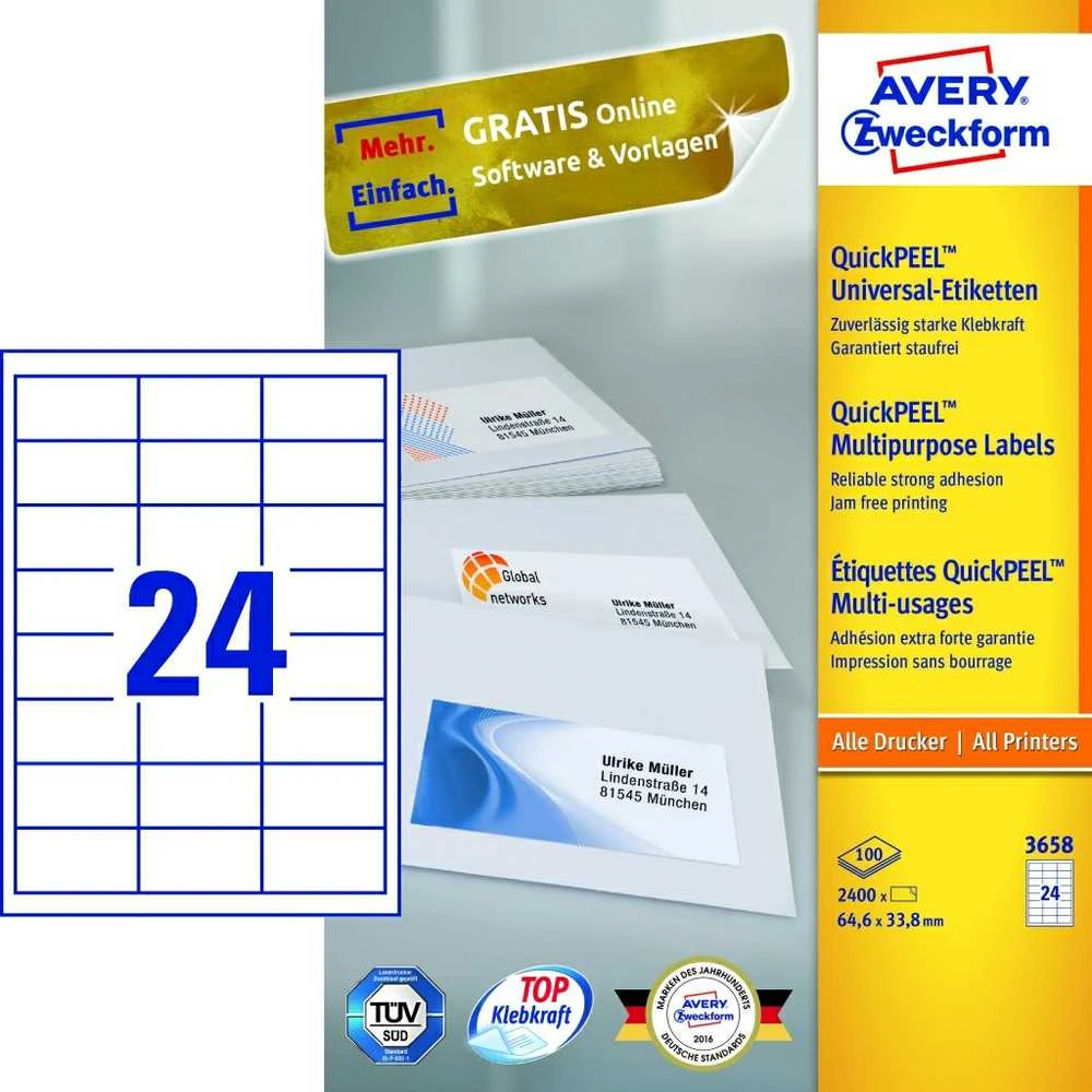 Lipnios etiketės Avery Zweckform, A4, 64.6×33.8, 24 etiketės lape, 100 lapų, baltos spalvos
