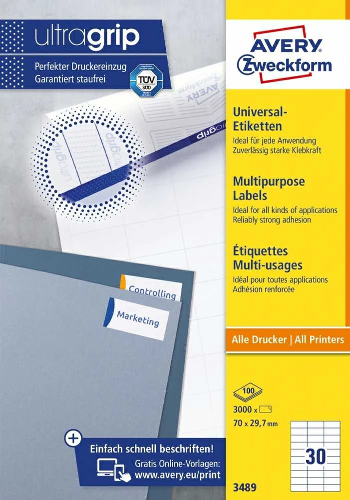 Lipnios etiketės Avery Zweckform, A4, 70×29,7mm, 30 etikečių lape, be rėmelio, 100 lapų, baltos spalvos