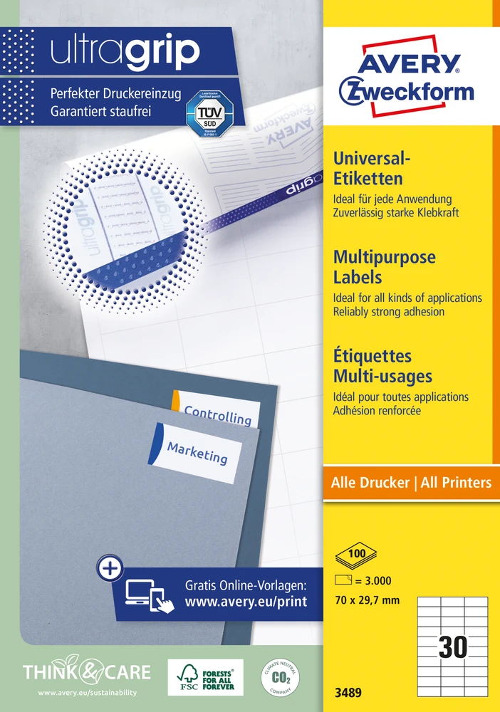 Lipnios etiketės Avery Zweckform, A4, 70×29,7mm, 30 etikečių lape, be rėmelio, 100 lapų, baltos spalvos