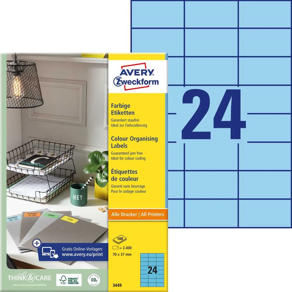 Lipnios etiketės Avery Zweckform, A4, 70x37mm, 100 lapų, 24 etiketės lape, mėlynos spalvos
