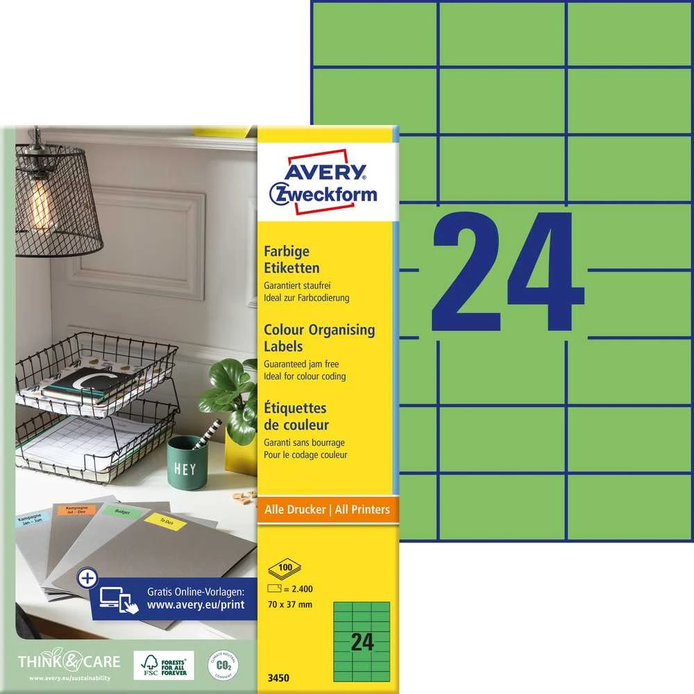 Lipnios etiketės Avery Zweckform, A4, 70x37mm, 100 lapų, 24 etiketės lape, žalios spalvos