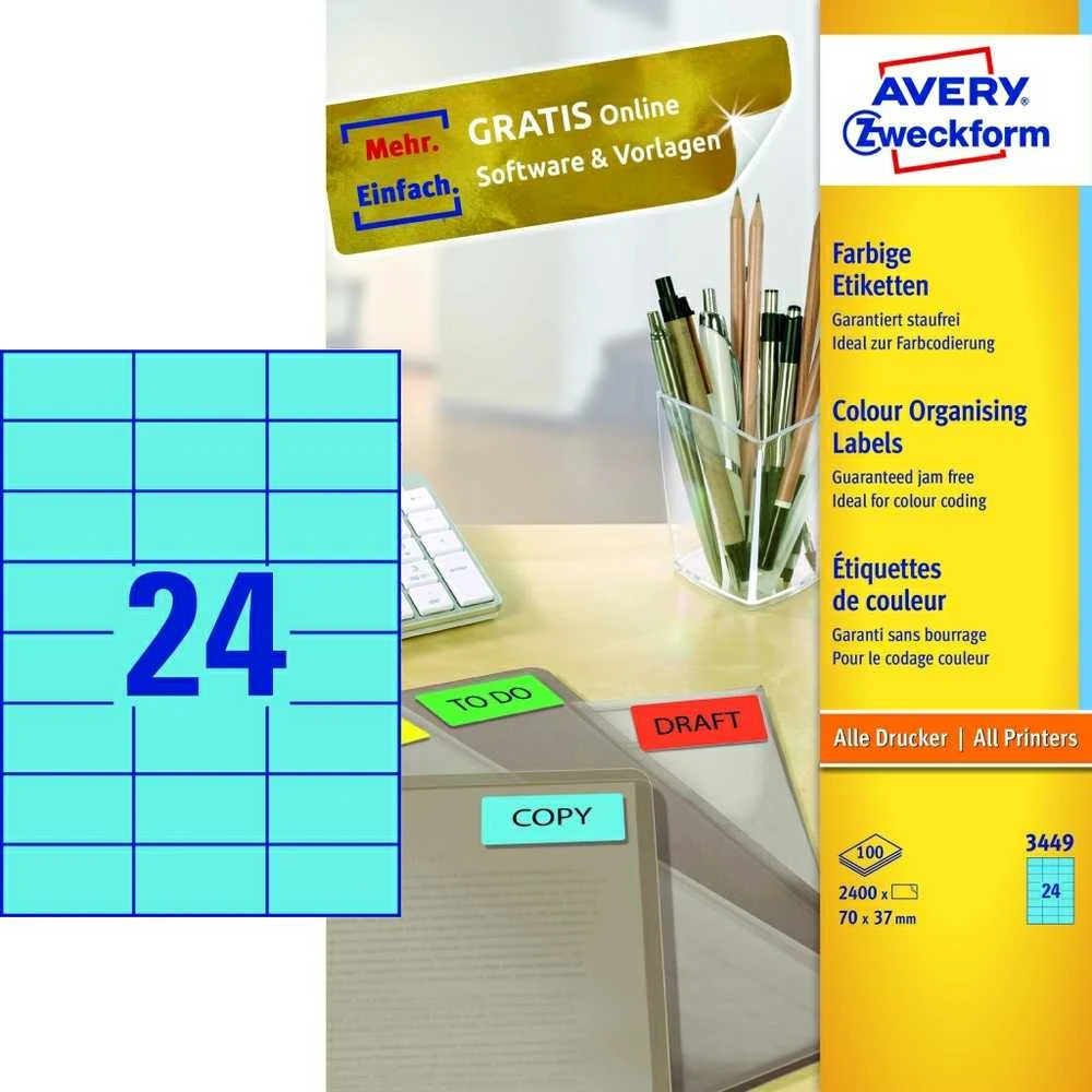 Lipnios etiketės Avery Zweckform, A4, 70x37mm, 100 lapų, 24 etiketės lape, mėlynos spalvos