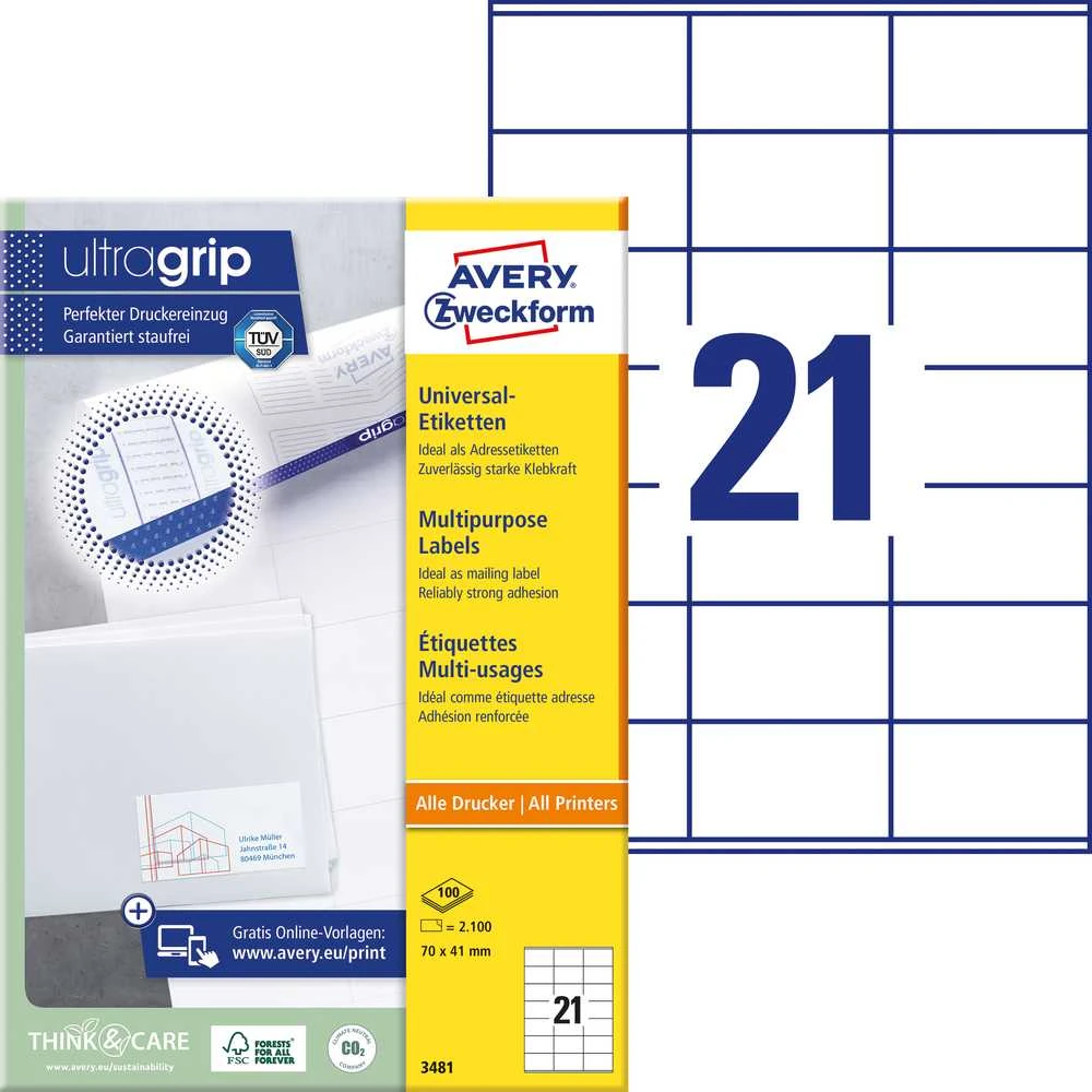Lipnios etiketės Avery Zweckform, A4, 70x41mm, 21 etiketė lape, 100 lapų, baltos spalvos