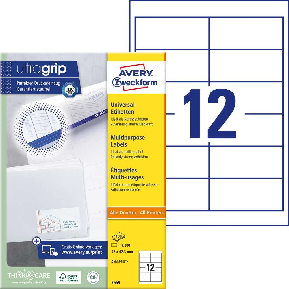 Lipnios etiketės Avery Zweckform, A4, 97x42,3mm, 12 etikečių lape, 100 lapų, baltos spalvos