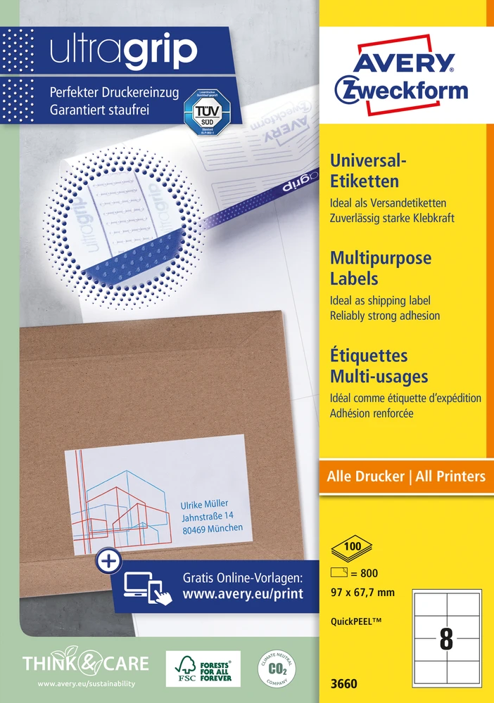Lipnios etiketės Avery Zweckform, A4, 97×67,7mm, 8 etiketės lape, su rėmeliu, 100 lapų, baltos spalvos