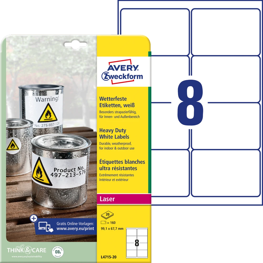 Lipnios etiketės Avery Zweckform, A4, atsparios drėgmei, 99.1×67.7mm, 8 etiketės lape, 20 lapų, baltos spalvos