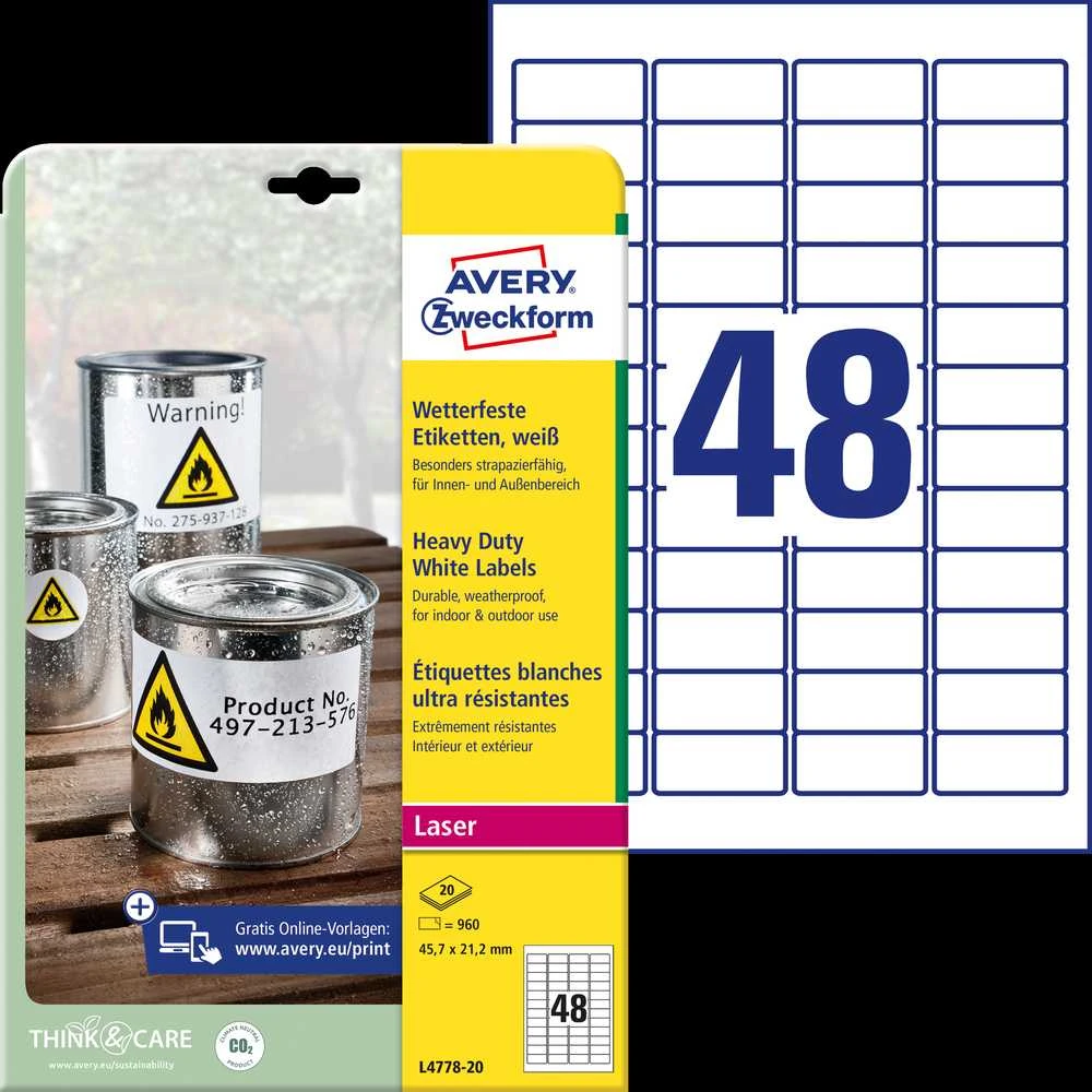 Lipnios etiketės Avery Zweckform, A4, atsparios drėgmei, 45,7×21,2mm, 48 etiketės lape, 20 lapų, baltos spalvos