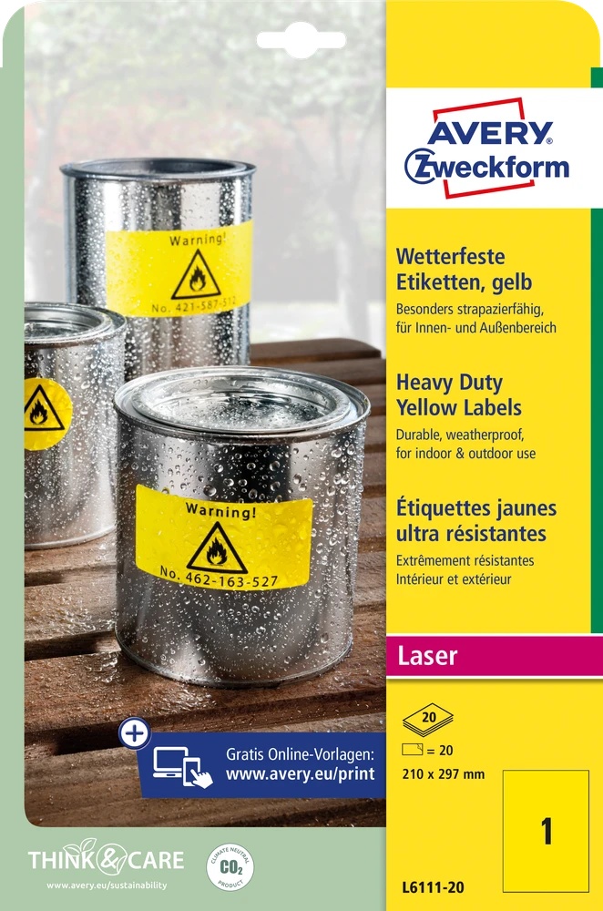 Lipnios etiketės Avery Zweckform, A4, atsparios drėgmei, 210x297mm, 1 etiketė lape, 20 lapų, geltonos spalvos