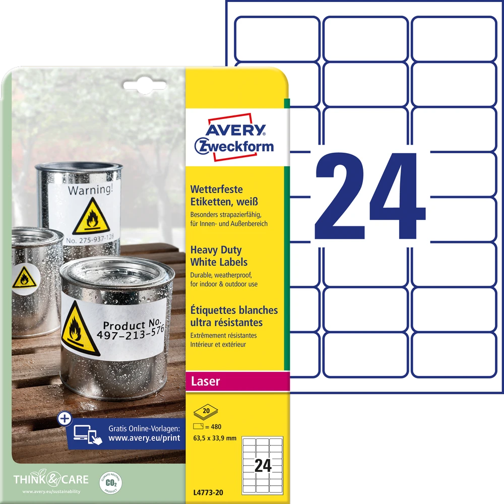 Lipnios etiketės Avery Zweckform, A4, atsparios drėgmei, 63.5×33.9mm, 24 etiketės lape, 20 lapų, matinės, permanentinės, baltos spalvos