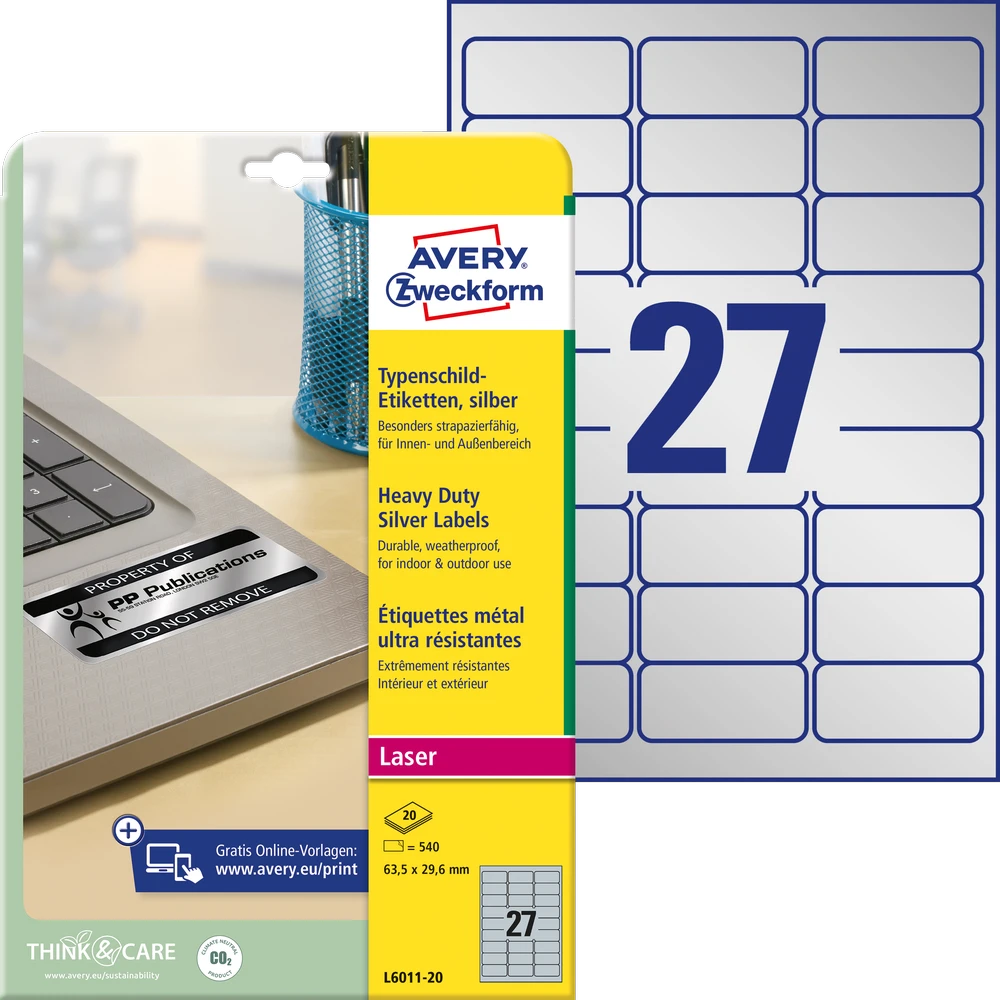 Lipnios etiketės Avery Zweckform, A4, atsparios drėgmei, 63.5×29.6mm, 27 etiketės lape, 20 lapų, sidabrinės spalvos