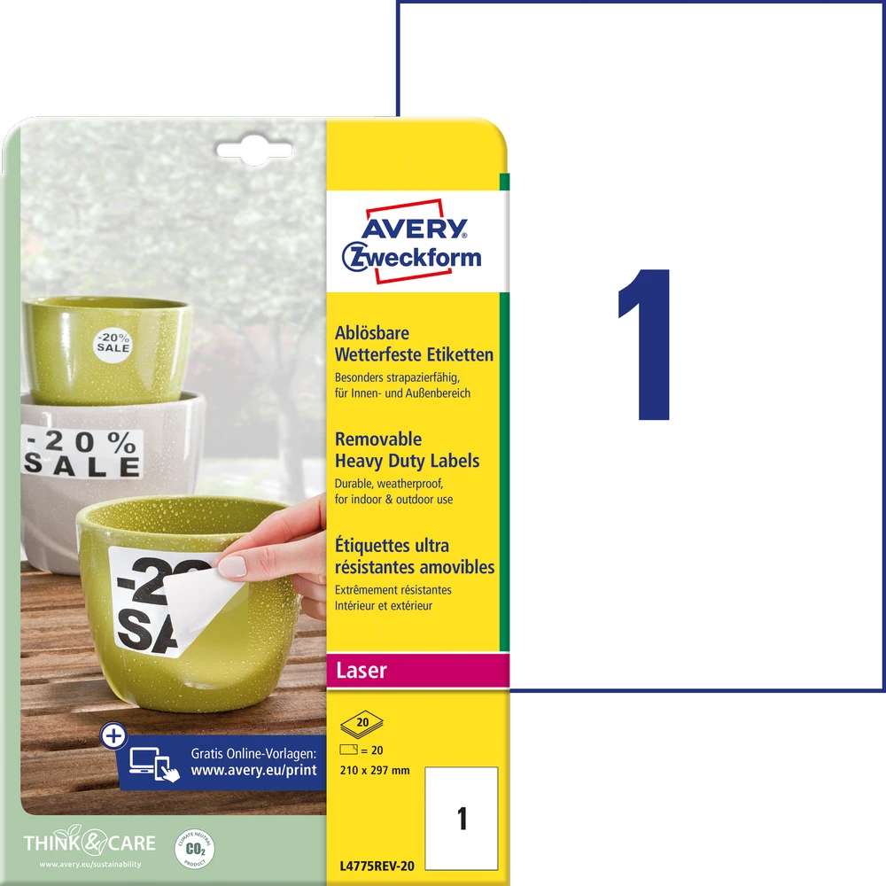 Lipnios etiketės Avery Zweckform, A4, atsparios drėgmei, 210x297mm, 1 etiketė lape, 20 lapų, nuklijuojamos, baltos spalvos