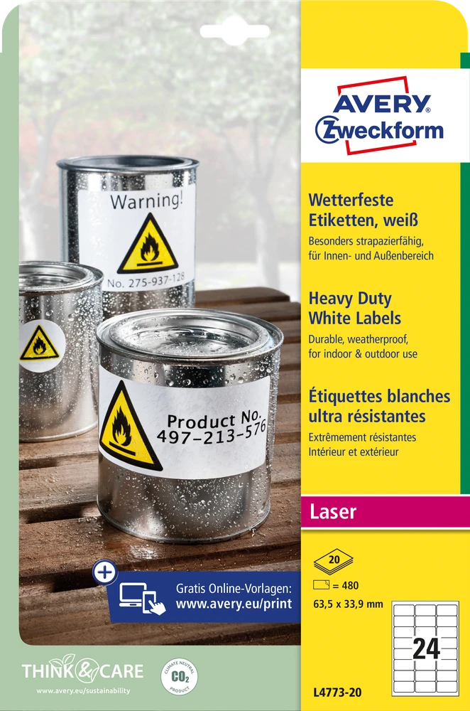 Lipnios etiketės Avery Zweckform, A4, atsparios drėgmei, 63.5×33.9mm, 24 etiketės lape, 20 lapų, matinės, permanentinės, baltos spalvos