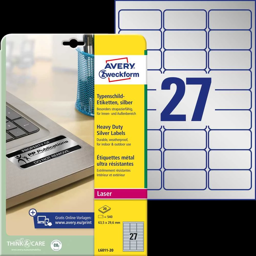 Lipnios etiketės Avery Zweckform, A4, atsparios drėgmei, 63.5×29.6mm, 27 etiketės lape, 20 lapų, sidabrinės spalvos