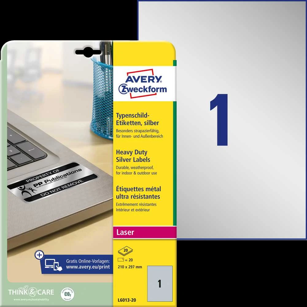 Lipnios etiketės Avery Zweckform, A4, atsparios drėgmei, 210x297mm, 1 etiketė lape, 20 lapų, sidabrinės spalvos