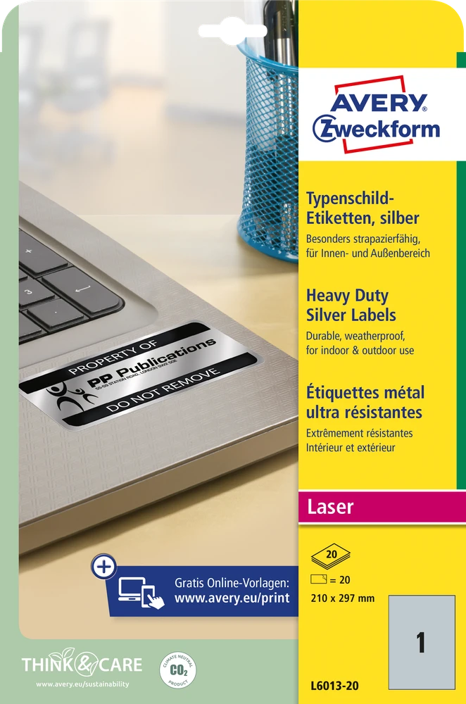 Lipnios etiketės Avery Zweckform, A4, atsparios drėgmei, 210x297mm, 1 etiketė lape, 20 lapų, sidabrinės spalvos
