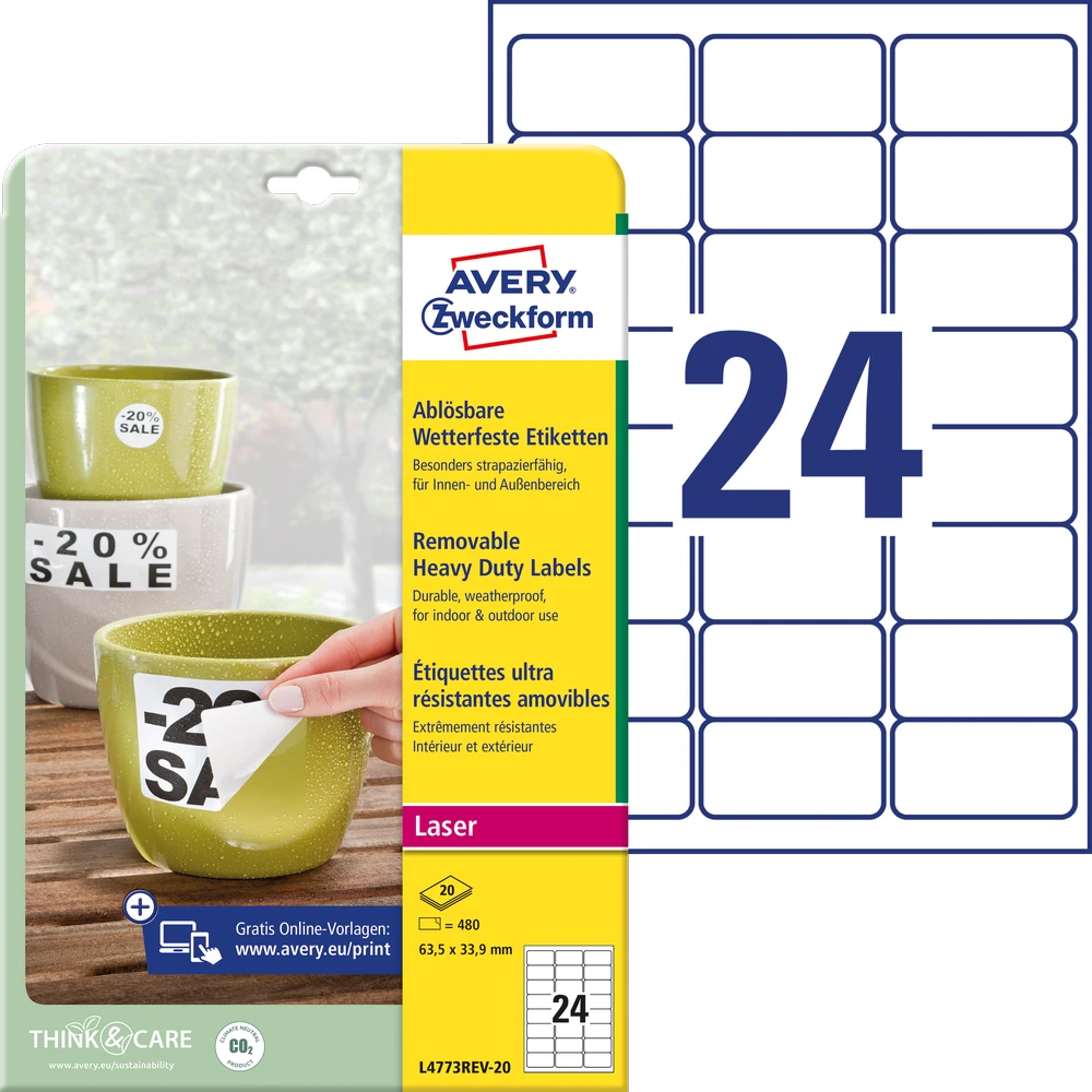 Lipnios etiketės Avery Zweckform, A4, atsparios drėgmei, 63.5×33.9mm, 24 etiketės lape, 20 lapų, matinės, nuklijuojamos, baltos spalvos