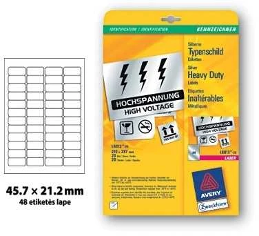 Lipnios etiketės Avery Zweckform, A4, atsparios drėgmei, 45.7×21.2mm, 48 etiketės lape, 20 lapų, sidabrinės spalvos
