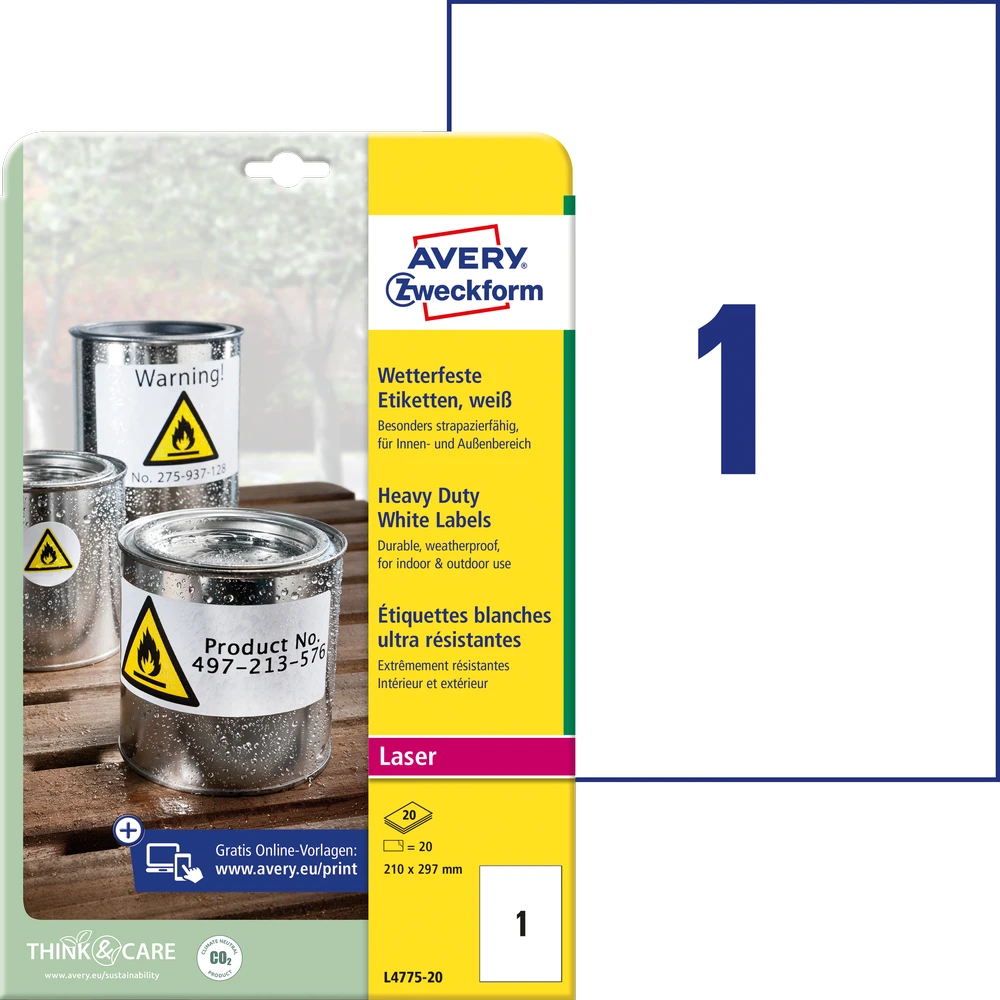 Lipnios etiketės Avery Zweckform A4, atsparios drėgmei, 210x297mm, 1 etiketė lape, 20 lapų, permanentinės, baltos spalvos