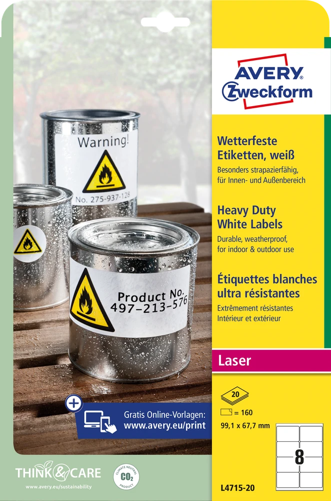 Lipnios etiketės Avery Zweckform, A4, atsparios drėgmei, 99.1×67.7mm, 8 etiketės lape, 20 lapų, baltos spalvos