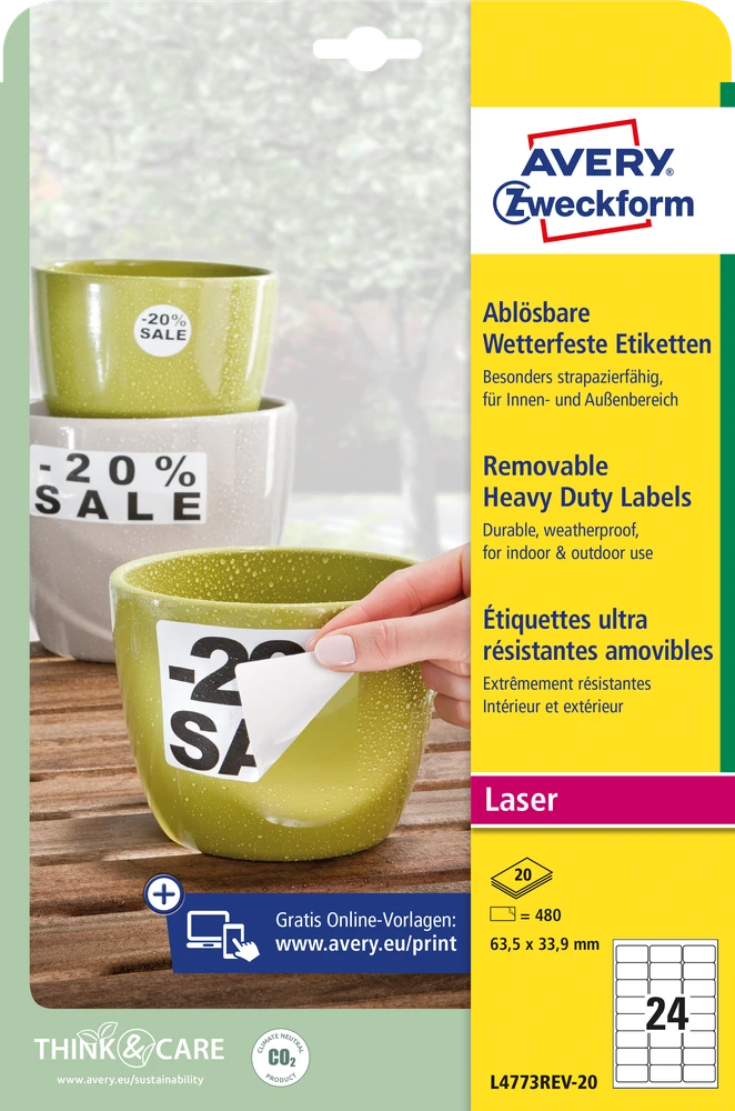 Lipnios etiketės Avery Zweckform, A4, atsparios drėgmei, 63.5×33.9mm, 24 etiketės lape, 20 lapų, matinės, nuklijuojamos, baltos spalvos