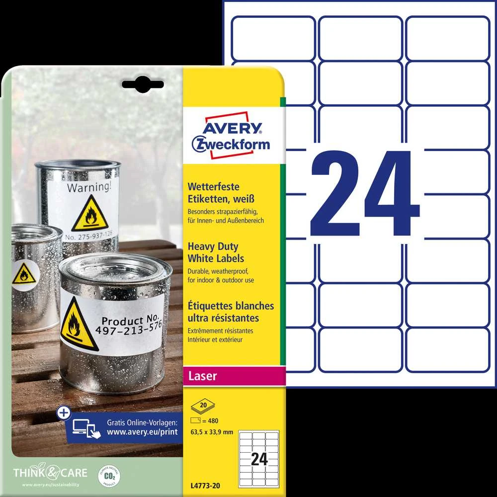 Lipnios etiketės Avery Zweckform, A4, atsparios drėgmei, 63.5×33.9mm, 24 etiketės lape, 20 lapų, matinės, permanentinės, baltos spalvos