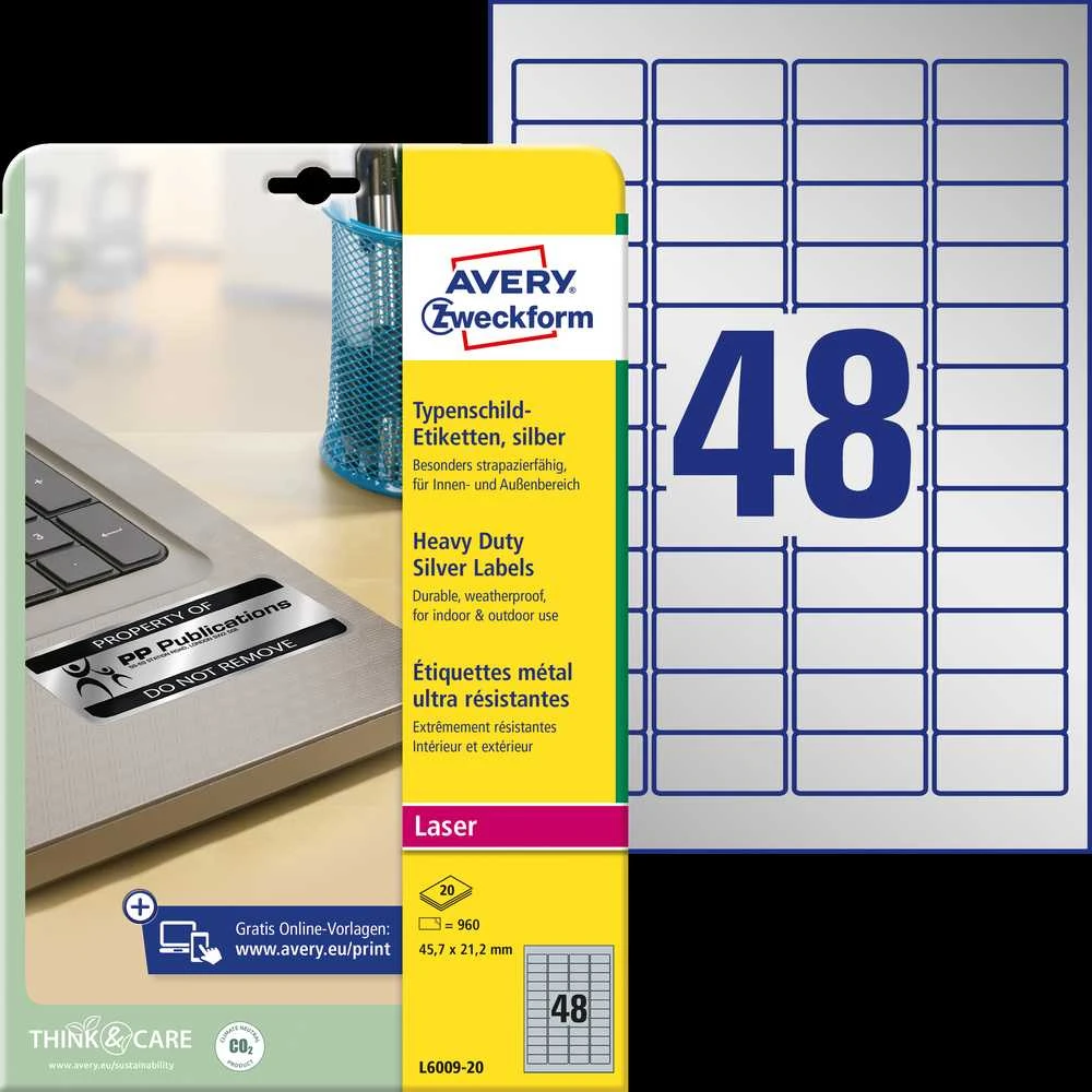 Lipnios etiketės Avery Zweckform, A4, atsparios drėgmei, 45.7×21.2mm, 48 etiketės lape, 20 lapų, sidabrinės spalvos