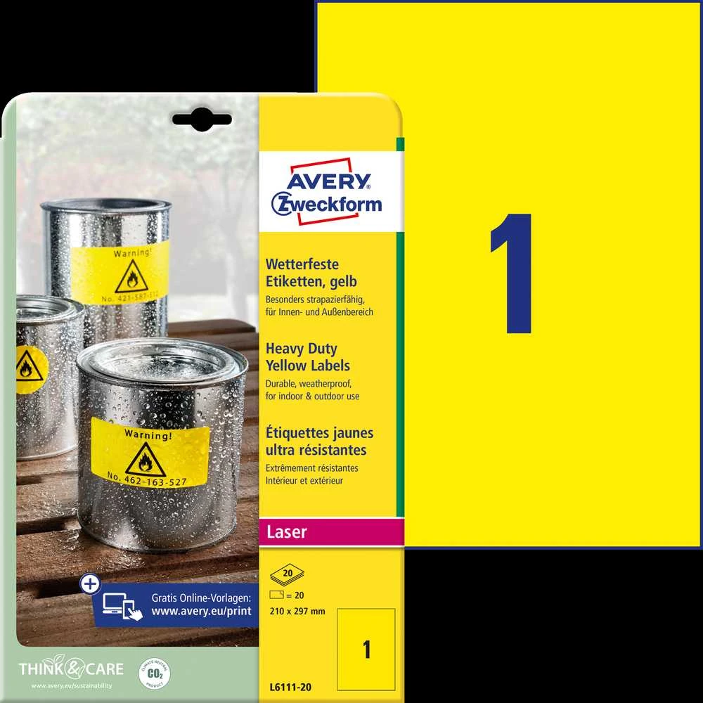 Lipnios etiketės Avery Zweckform, A4, atsparios drėgmei, 210x297mm, 1 etiketė lape, 20 lapų, geltonos spalvos