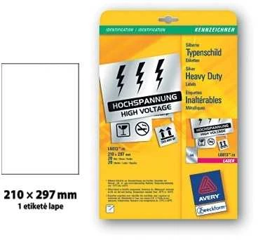 Lipnios etiketės Avery Zweckform, A4, atsparios drėgmei, 210x297mm, 1 etiketė lape, 20 lapų, sidabrinės spalvos