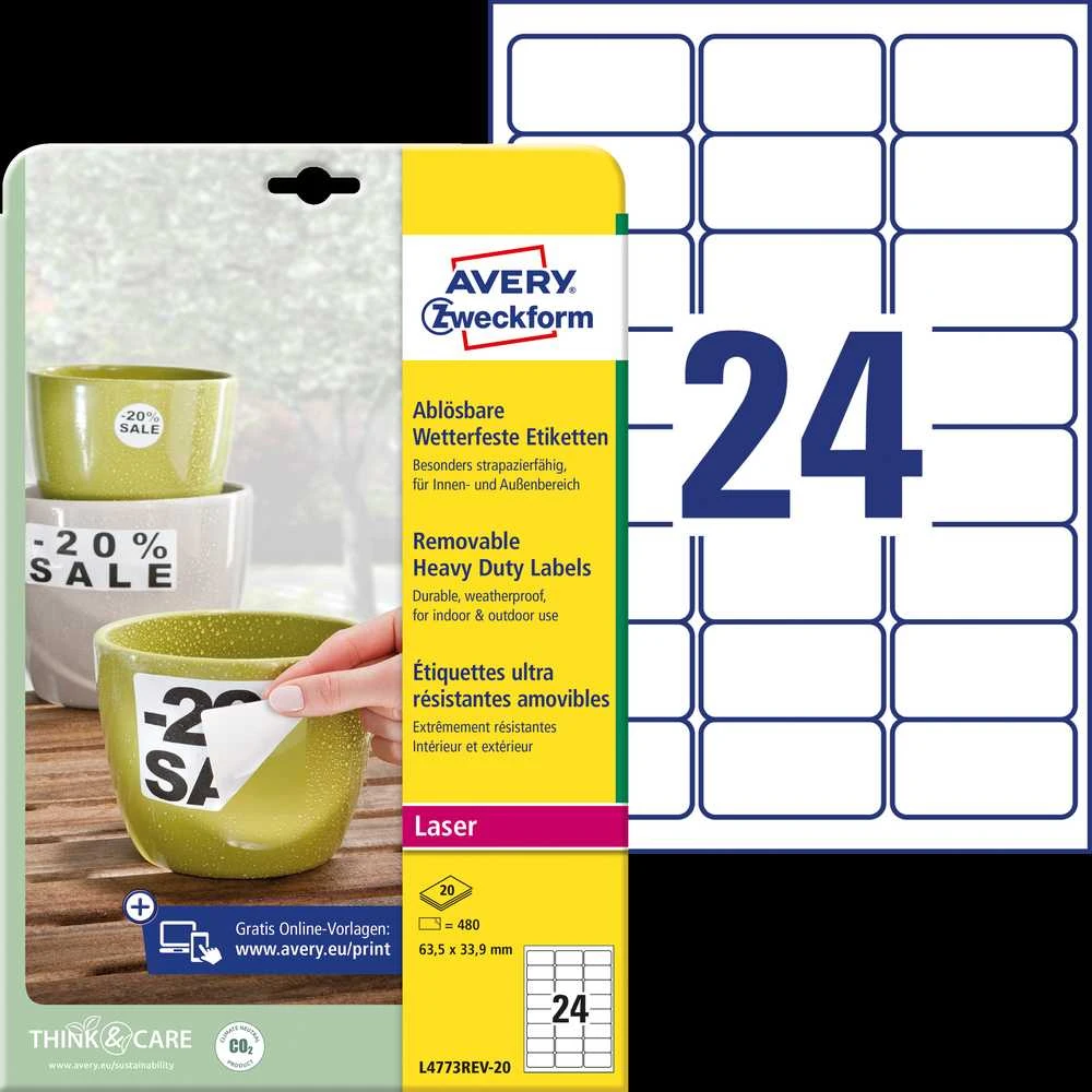 Lipnios etiketės Avery Zweckform, A4, atsparios drėgmei, 63.5×33.9mm, 24 etiketės lape, 20 lapų, matinės, nuklijuojamos, baltos spalvos
