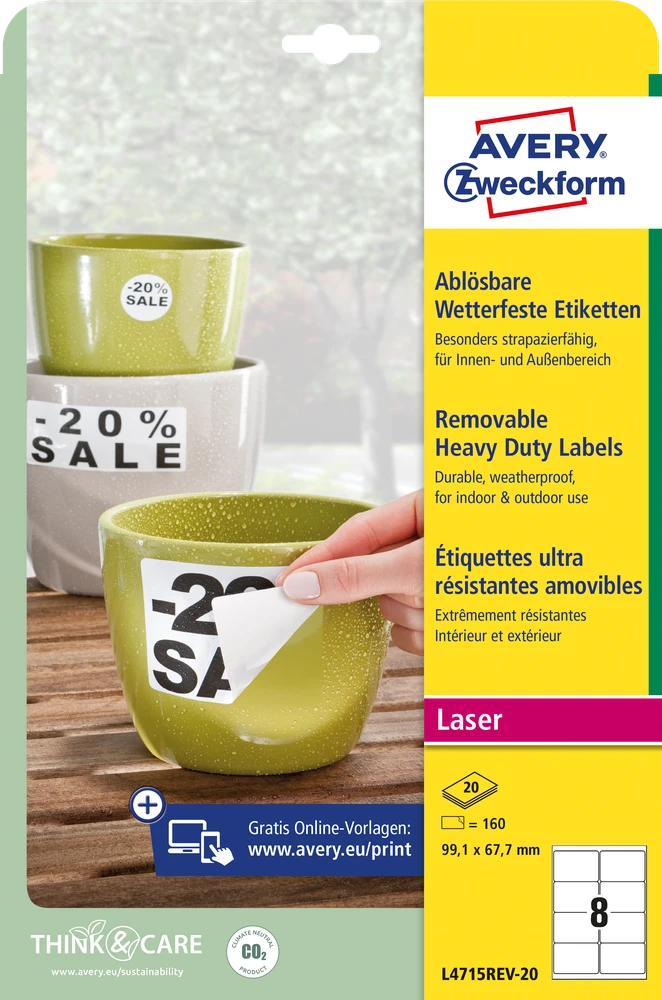 Lipnios etiketės Avery Zweckform, A4, atsparios drėgmei, 99.1×67.7mm, 8 etiketės lape, 20 lapų, baltos spalvos