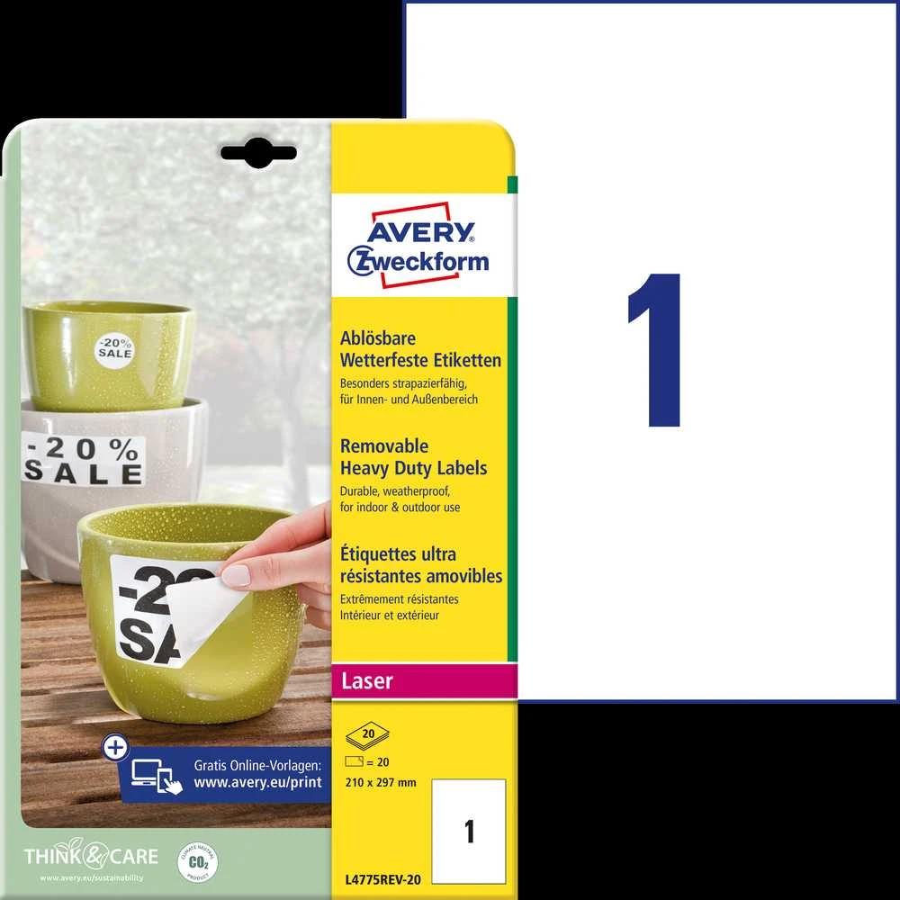 Lipnios etiketės Avery Zweckform, A4, atsparios drėgmei, 210x297mm, 1 etiketė lape, 20 lapų, nuklijuojamos, baltos spalvos