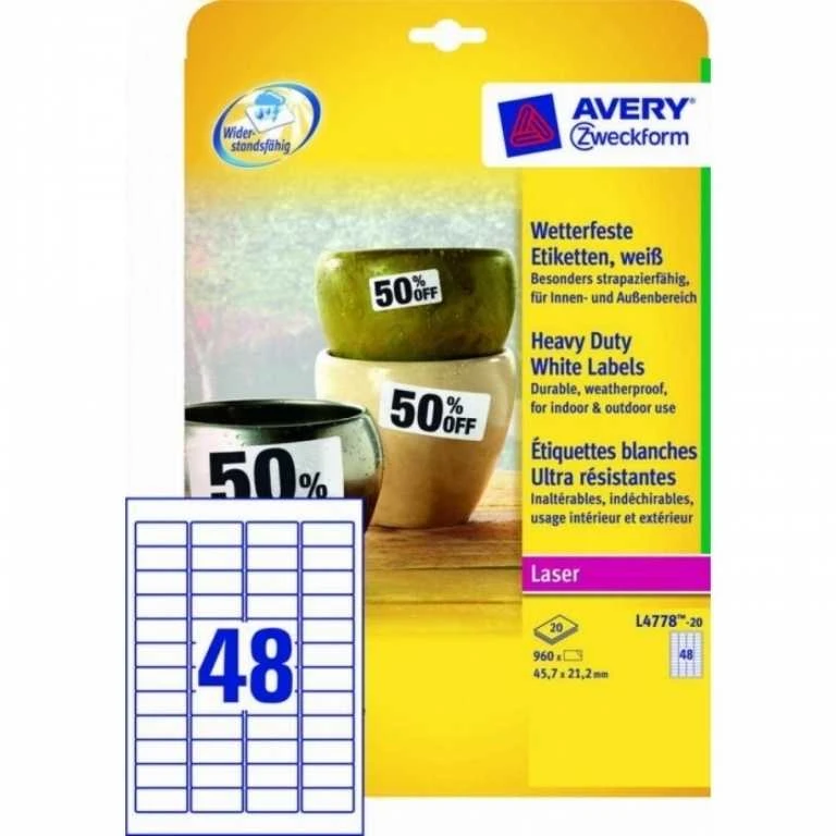 Lipnios etiketės Avery Zweckform, A4, atsparios drėgmei, 45,7×21,2mm, 48 etiketės lape, 20 lapų, baltos spalvos